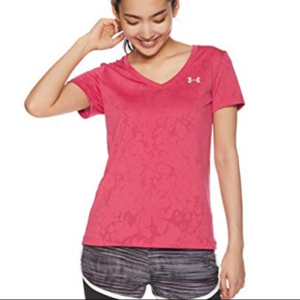 Under Armour Tech Short Sleeve V-Neck Marble, Impulse Pink/Metallic Silver